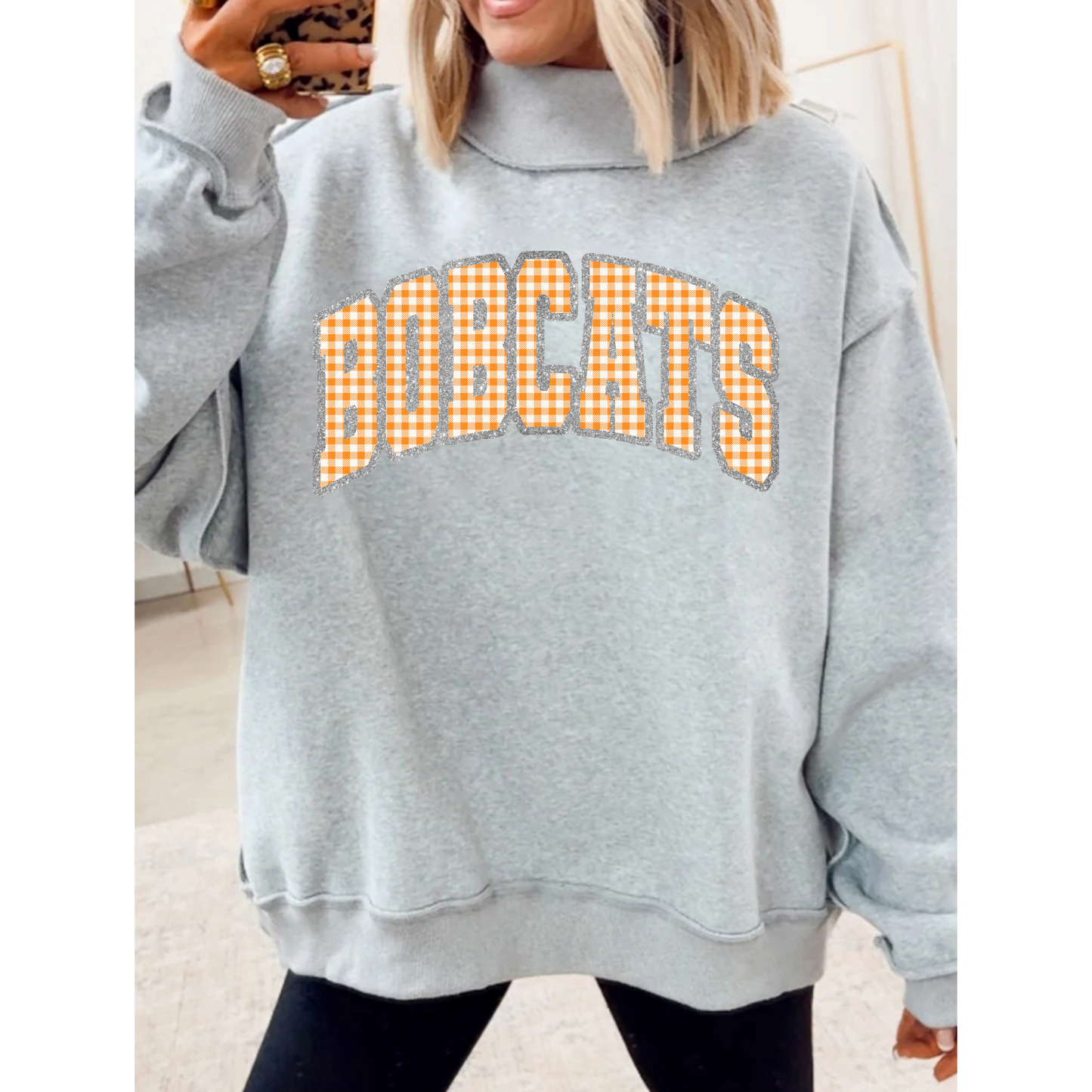 Bobcats Arched | Orange Plaid | Glitter Border | Grey | Mock Neck Sweatshirt