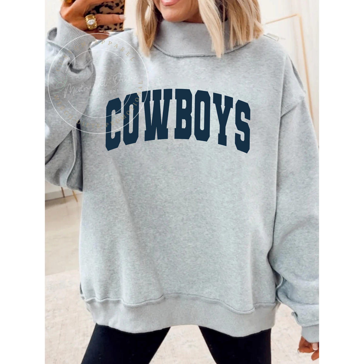 Cowboys Arched | Navy | Suede-Like Design | Grey | Mock Neck Sweatshirt