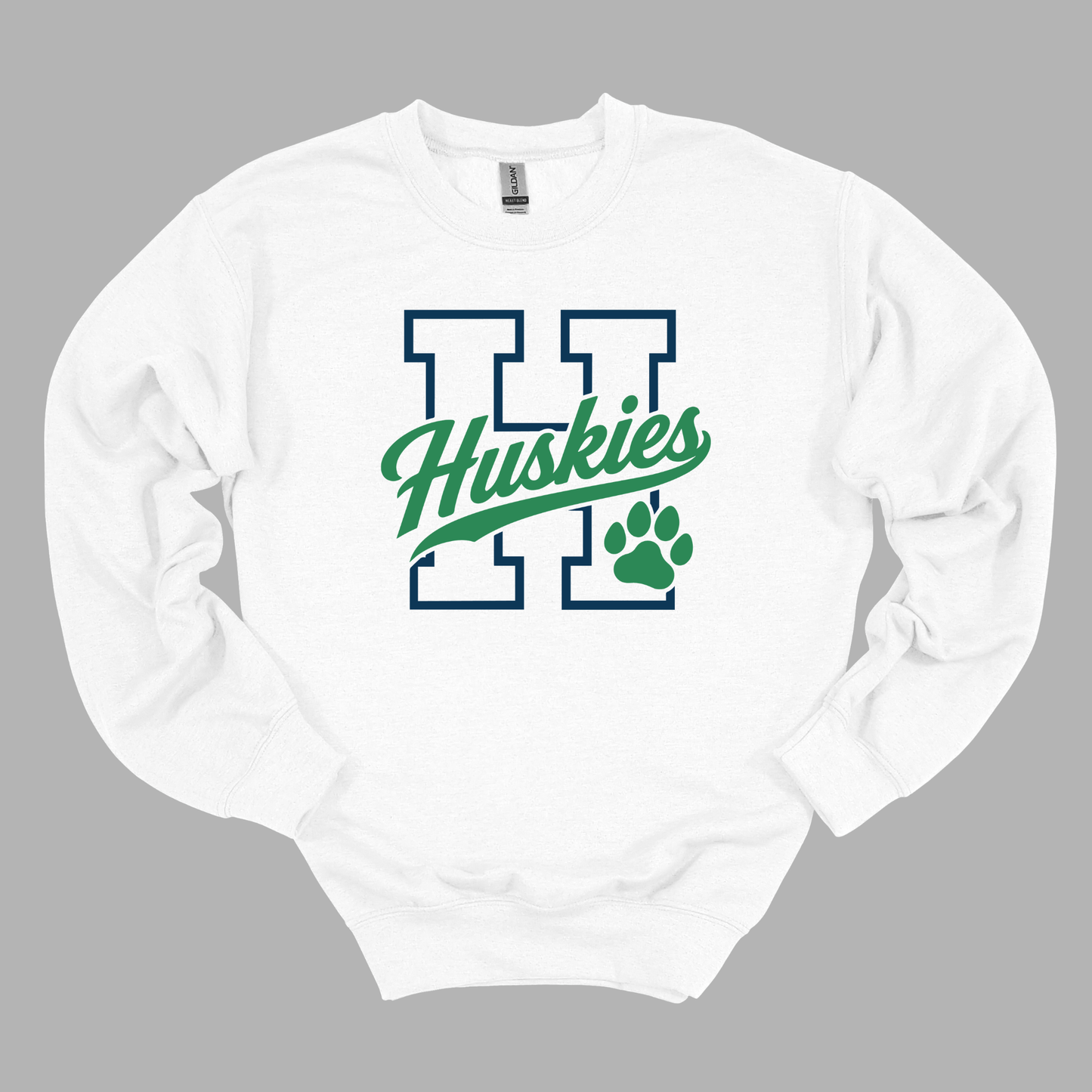 Huskies Paw | White Gildan Sweatshirt | Adult and Youth