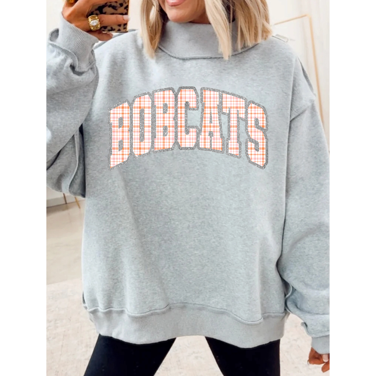 Bobcats Arched | Orange and Pink Plaid | Glitter Border | Grey | Mock Neck Sweatshirt