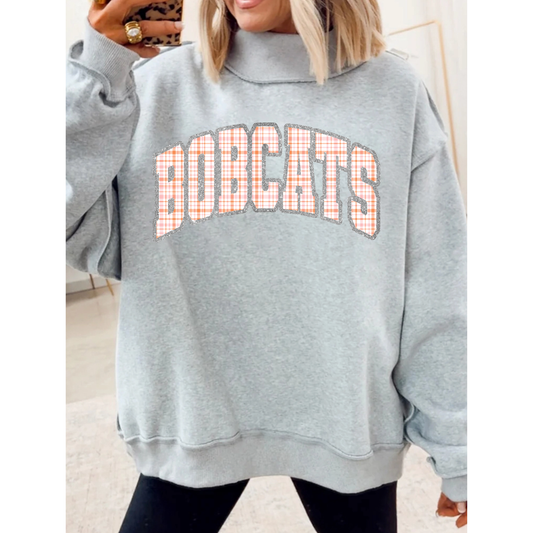 Bobcats Arched | Orange and Pink Plaid | Glitter Border | Grey | Mock Neck Sweatshirt