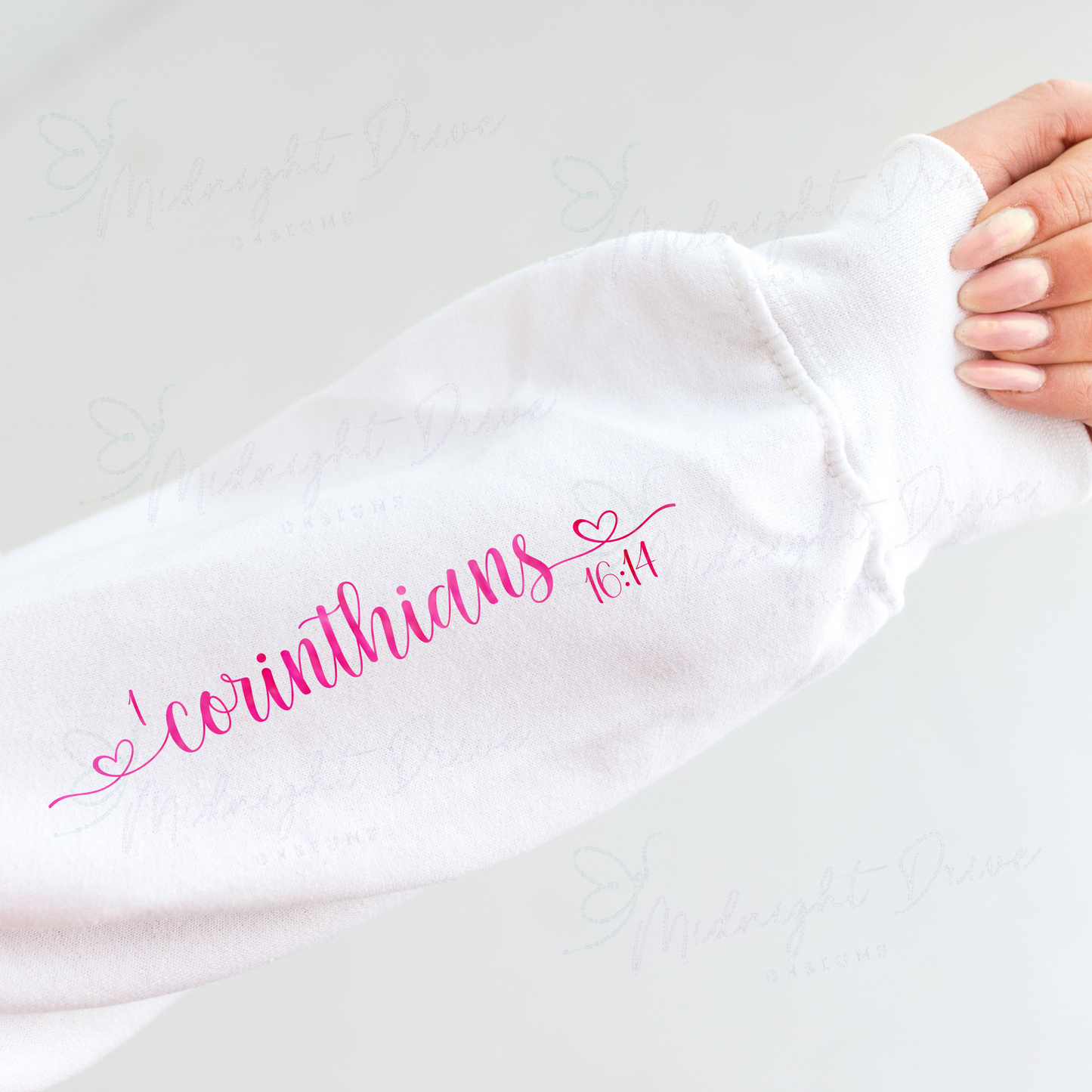 Heart Love | Pink Patterned | Bible Verse | Unisex White Sweatshirt