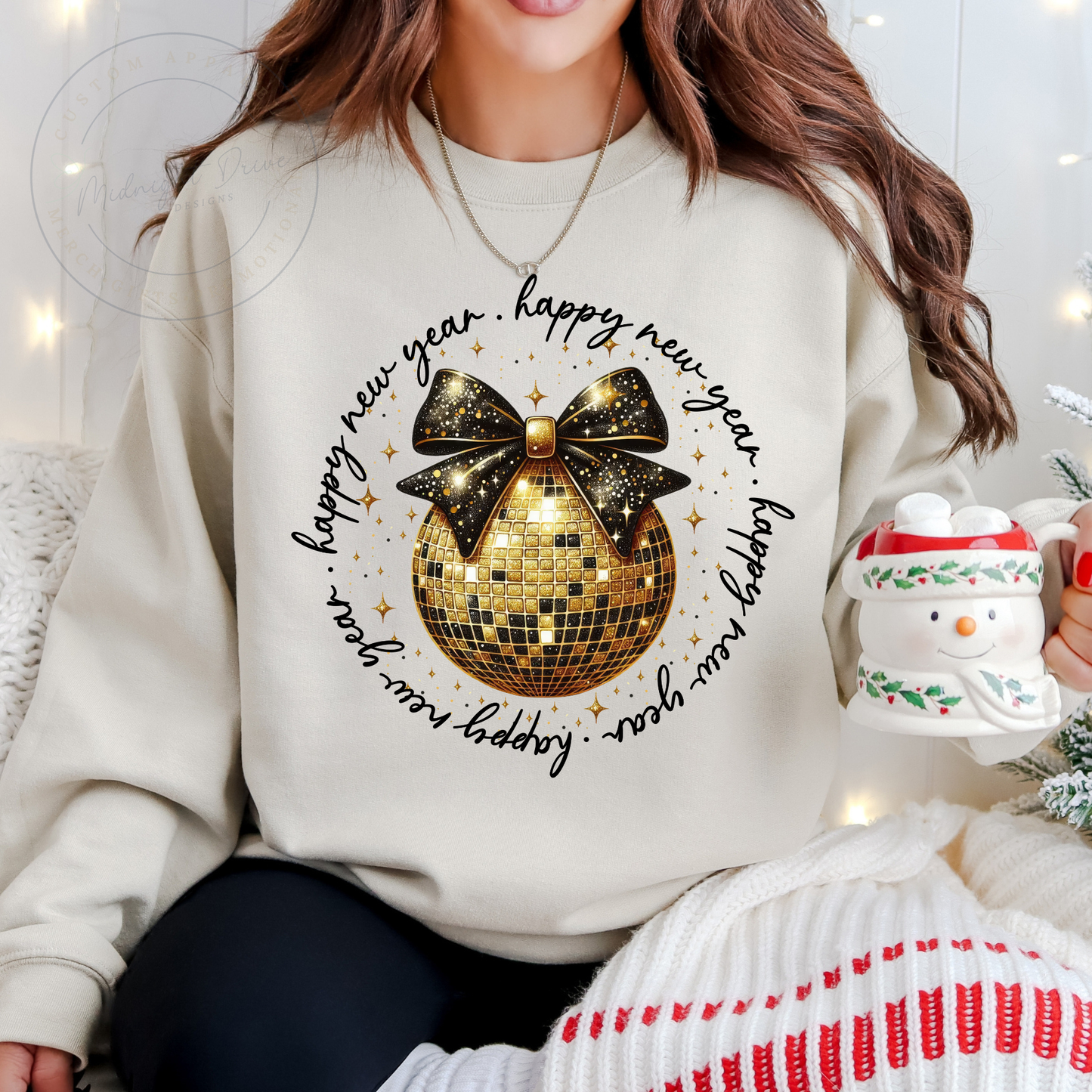 Happy New Year | Gold Disco Ball | Black Bow | Unisex Sweatshirt | Sand