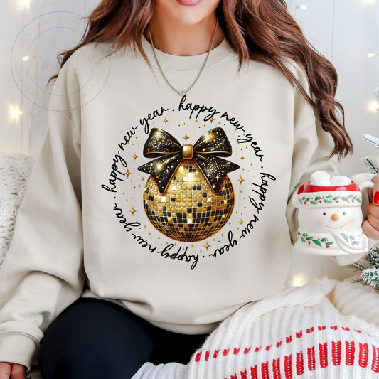 Happy New Year | Gold Disco Ball | Black Bow | Unisex Sweatshirt | Sand