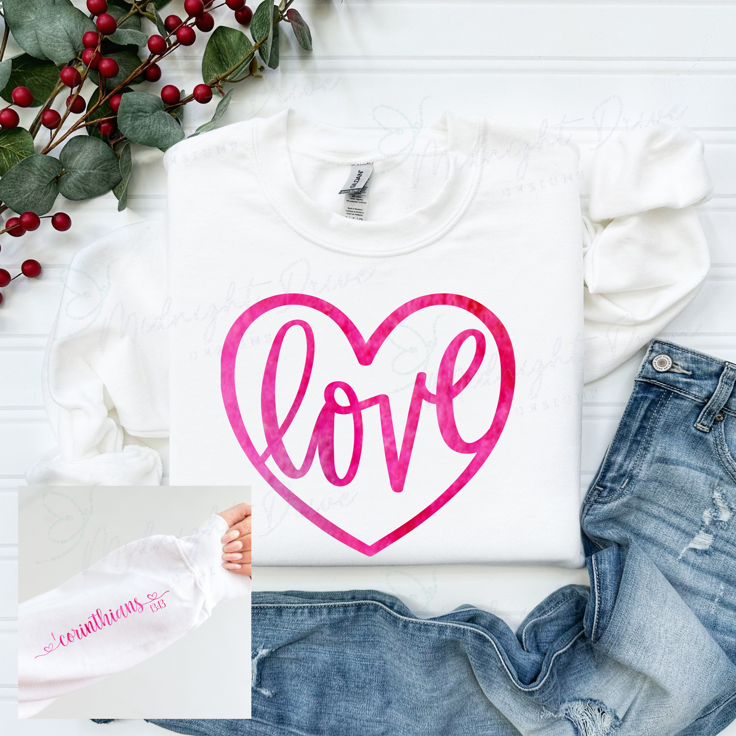 Heart Love | Pink Patterned | Bible Verse | Unisex White Sweatshirt