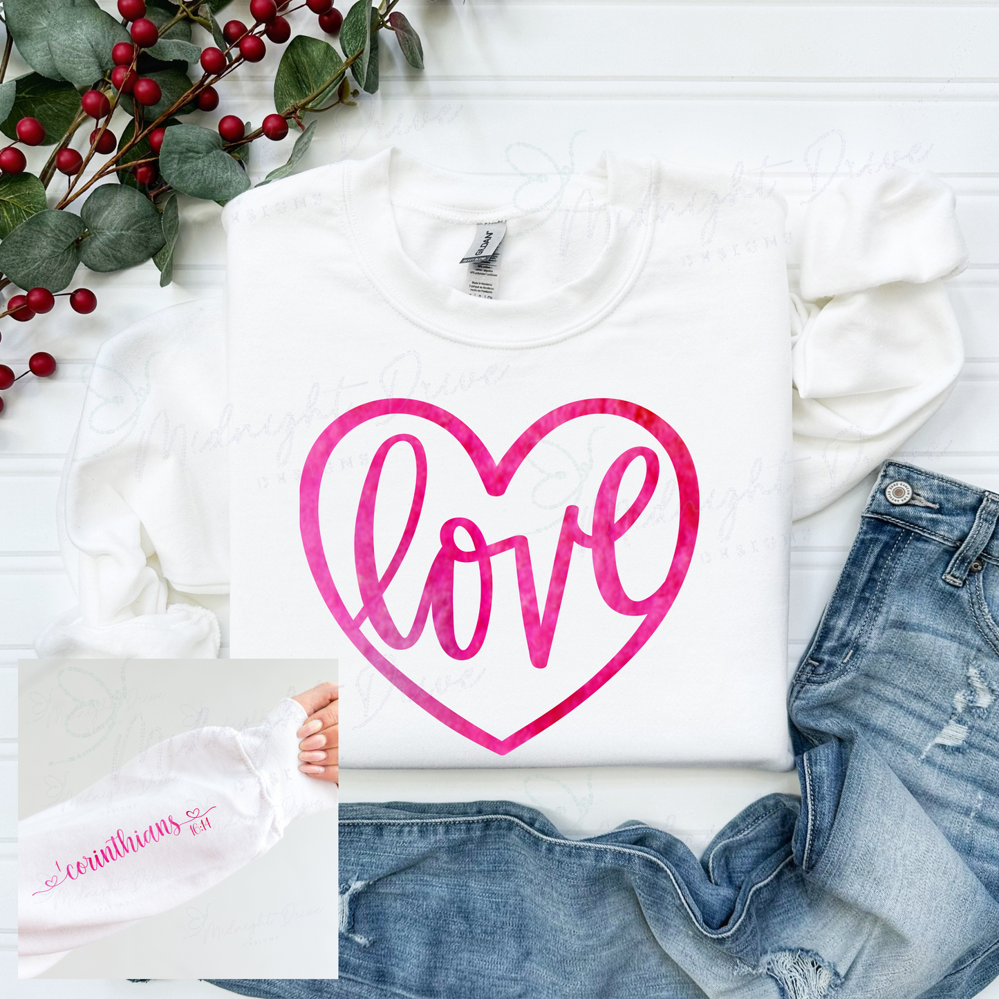 Heart Love | Pink Patterned | Bible Verse | Unisex White Sweatshirt