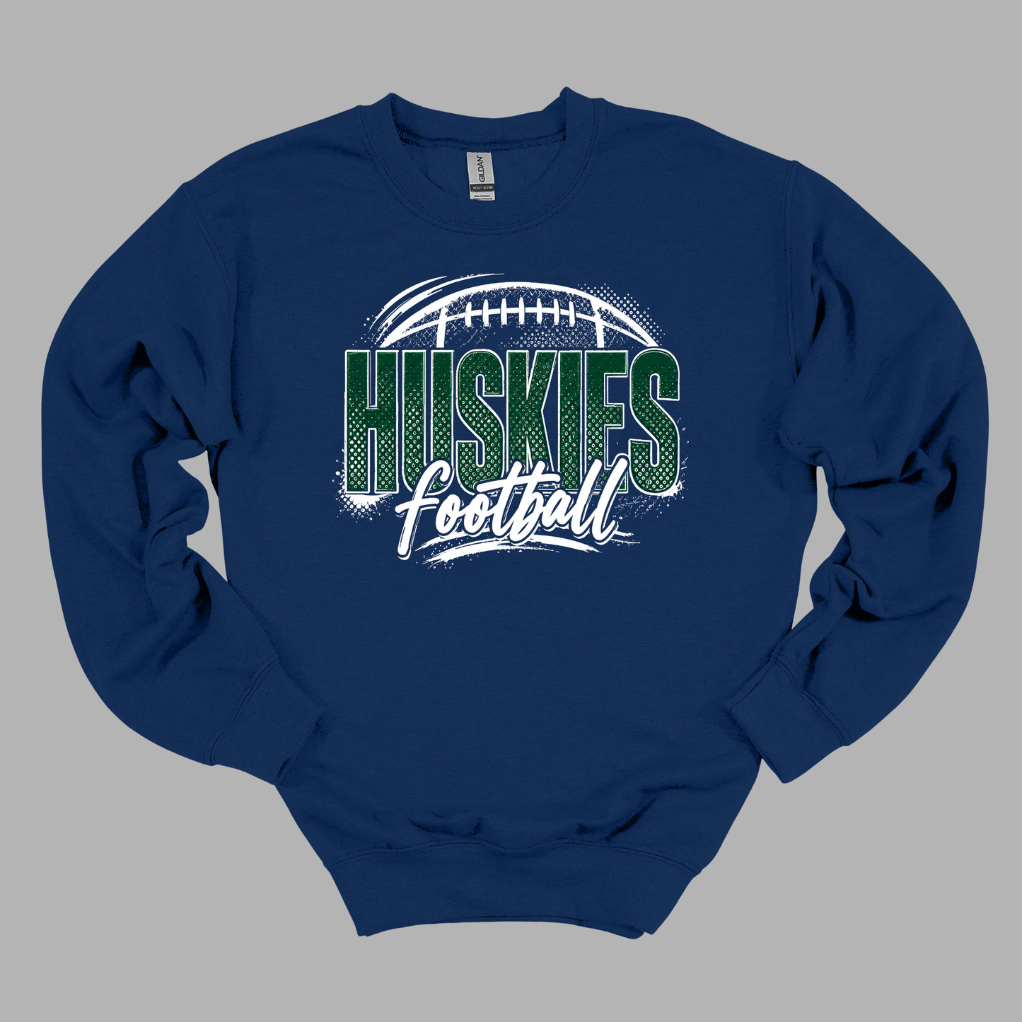 Huskies Football Distressed | Navy Gildan Sweatshirt | Adult