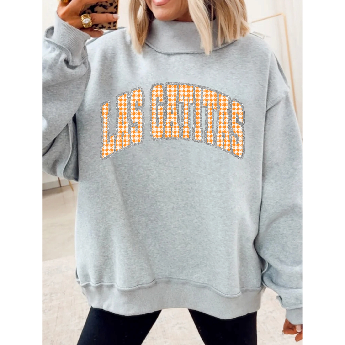 Las Gatitas Arched | Orange Plaid | Glitter Border | Grey | Mock Neck Sweatshirt