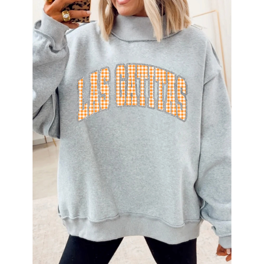 Las Gatitas Arched | Orange Plaid | Glitter Border | Grey | Mock Neck Sweatshirt