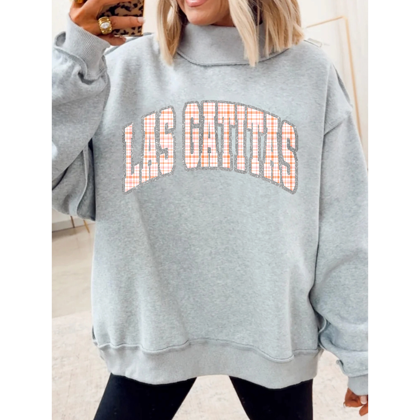 Las Gatitas Arched | Orange and Pink Plaid | Glitter Border | Grey | Mock Neck Sweatshirt