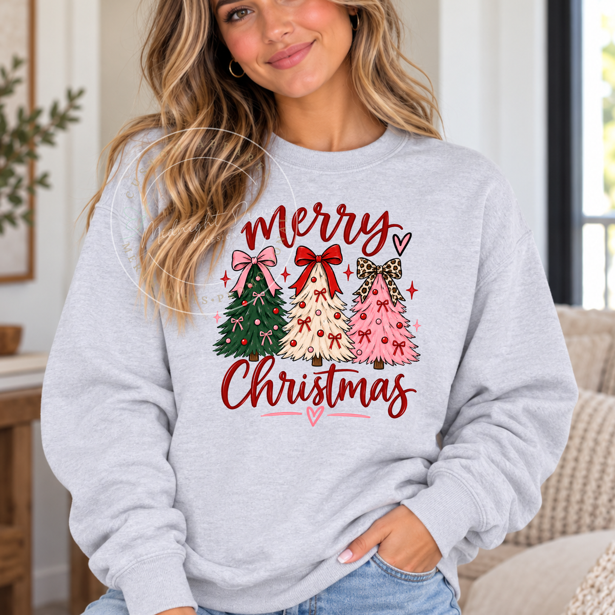 Merry Christmas | 3 Trees Pink Design | Adult Sweatshirt | Multiple Color Options