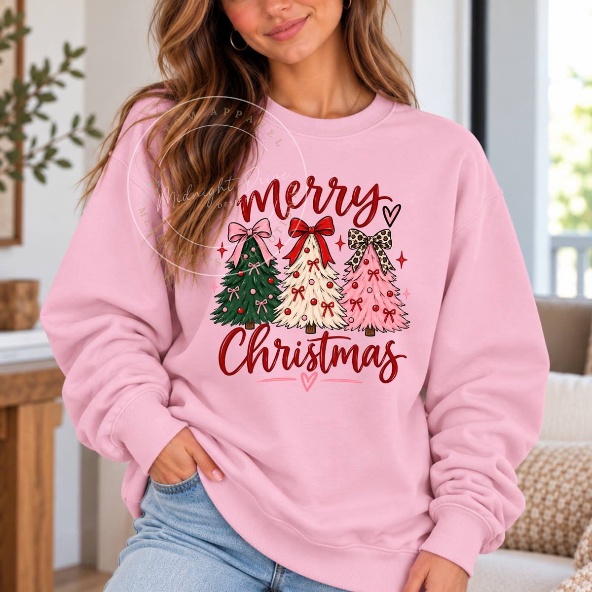 Merry Christmas | 3 Trees Pink Design | Adult Sweatshirt | Multiple Color Options