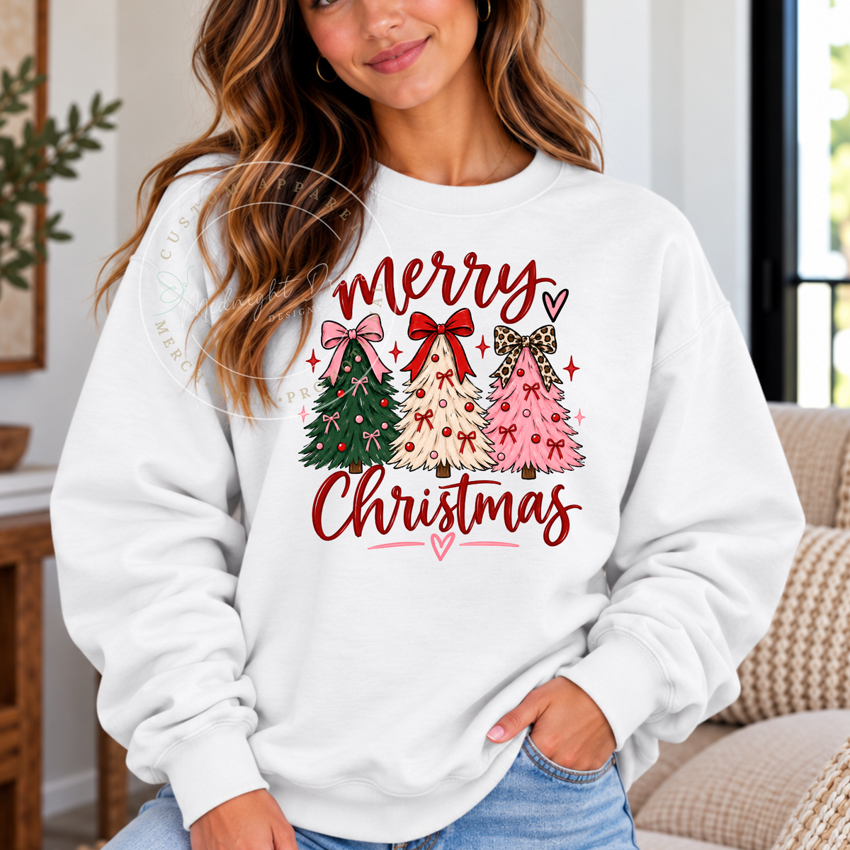Merry Christmas | 3 Trees Pink Design | Adult Sweatshirt | Multiple Color Options