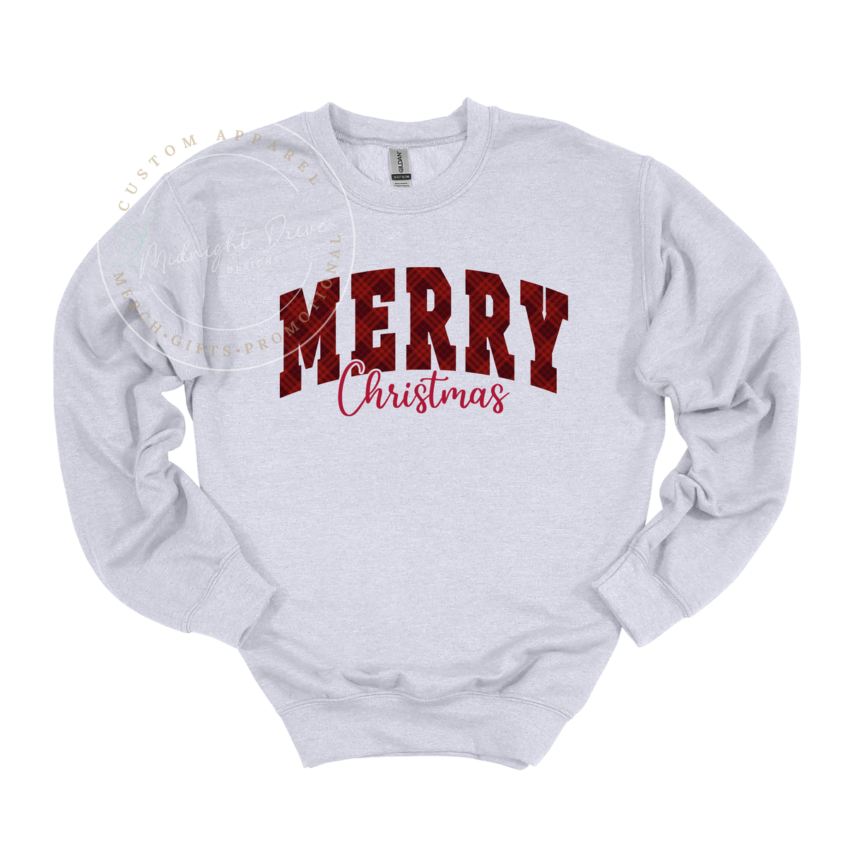 Merry Christmas | Varsity Letters | Red Dark Plaid | Adult Sweatshirt | Multiple Color Options