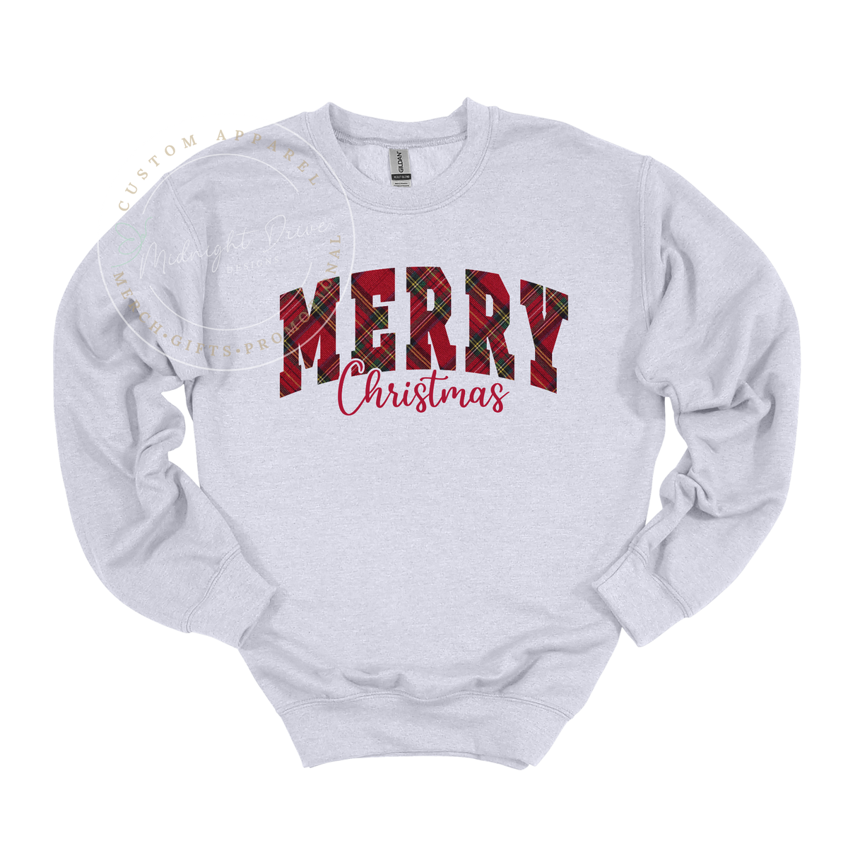Merry Christmas | Varsity Letters | Red Green Plaid | Adult Sweatshirt | Multiple Color Options