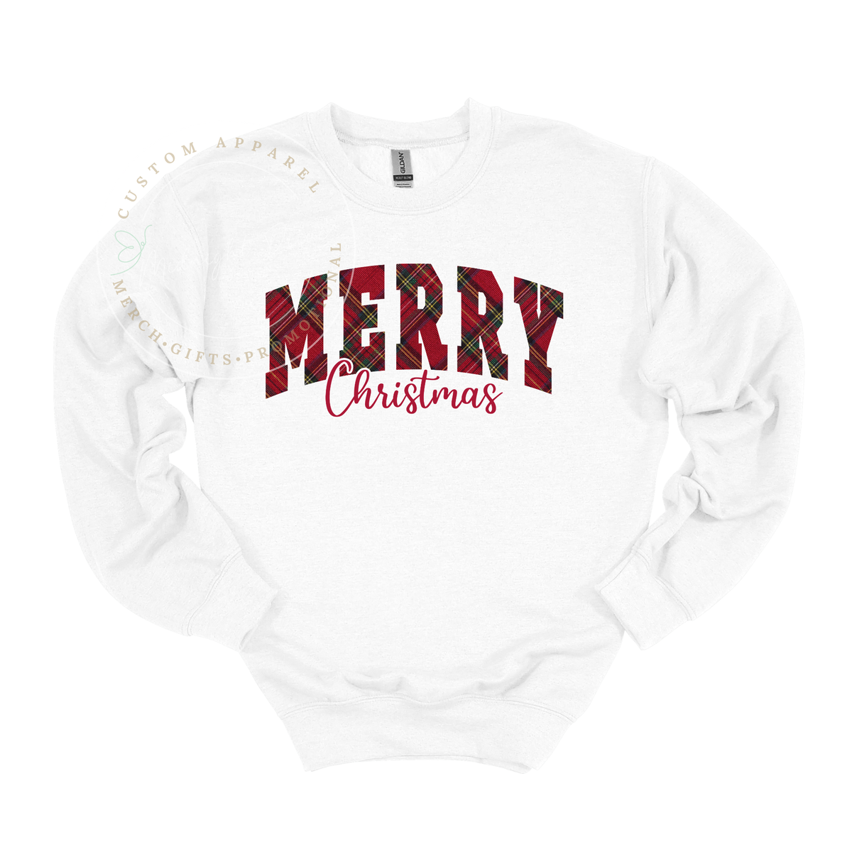 Merry Christmas | Varsity Letters | Red Green Plaid | Adult Sweatshirt | Multiple Color Options