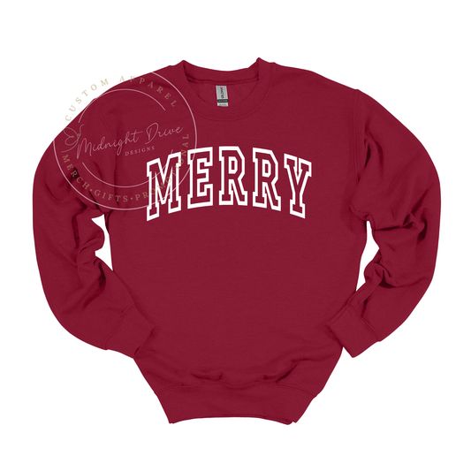 Merry | Varsity Letters | Puff Outline | Dark Red | Adult Sweatshirt