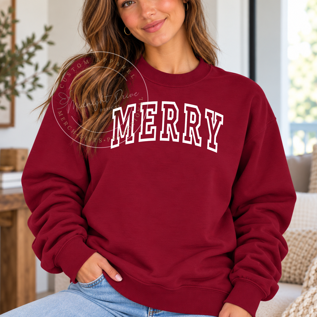 Merry | Varsity Letters | Puff Outline | Dark Red | Adult Sweatshirt