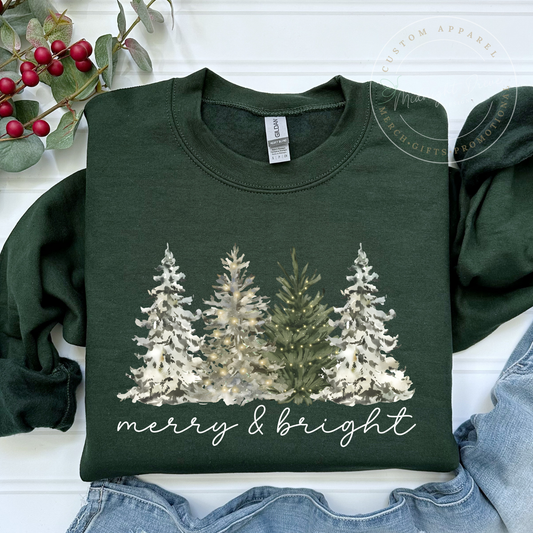 Merry & Bright | Green Christmas Trees | Unisex Sweatshirt | Multiple Color Options
