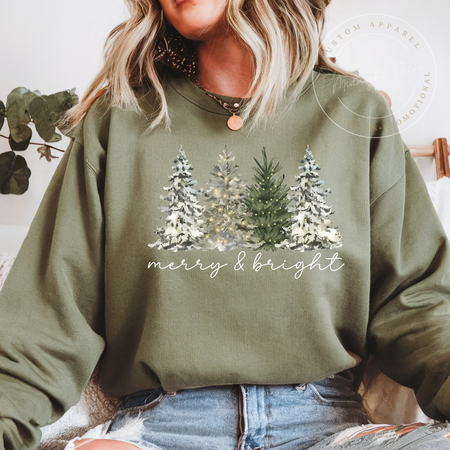 Merry & Bright | Green Christmas Trees | Unisex Sweatshirt | Multiple Color Options
