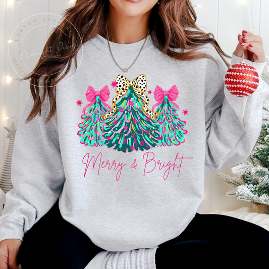 Merry & Bright | Green and Pink Christmas Trees | Unisex Sweatshirt | Multiple Color Options