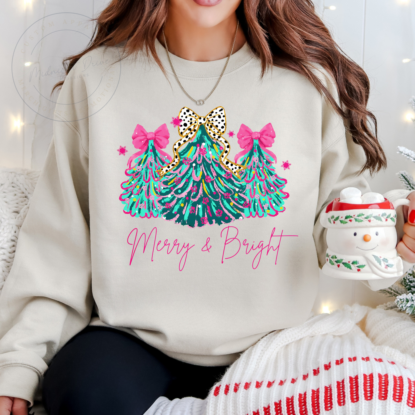 Merry & Bright | Green and Pink Christmas Trees | Unisex Sweatshirt | Multiple Color Options