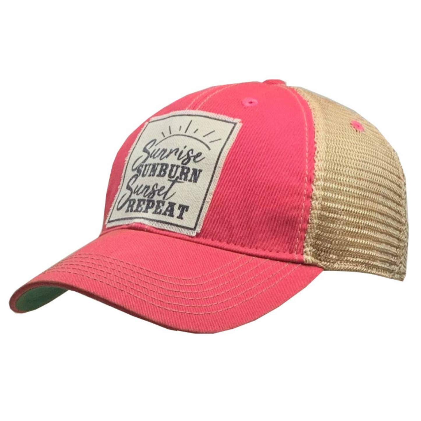 Sunrise Sunburn Sunset Repeat | Distressed | Trucker Hat | Baseball Cap | Hot Pink